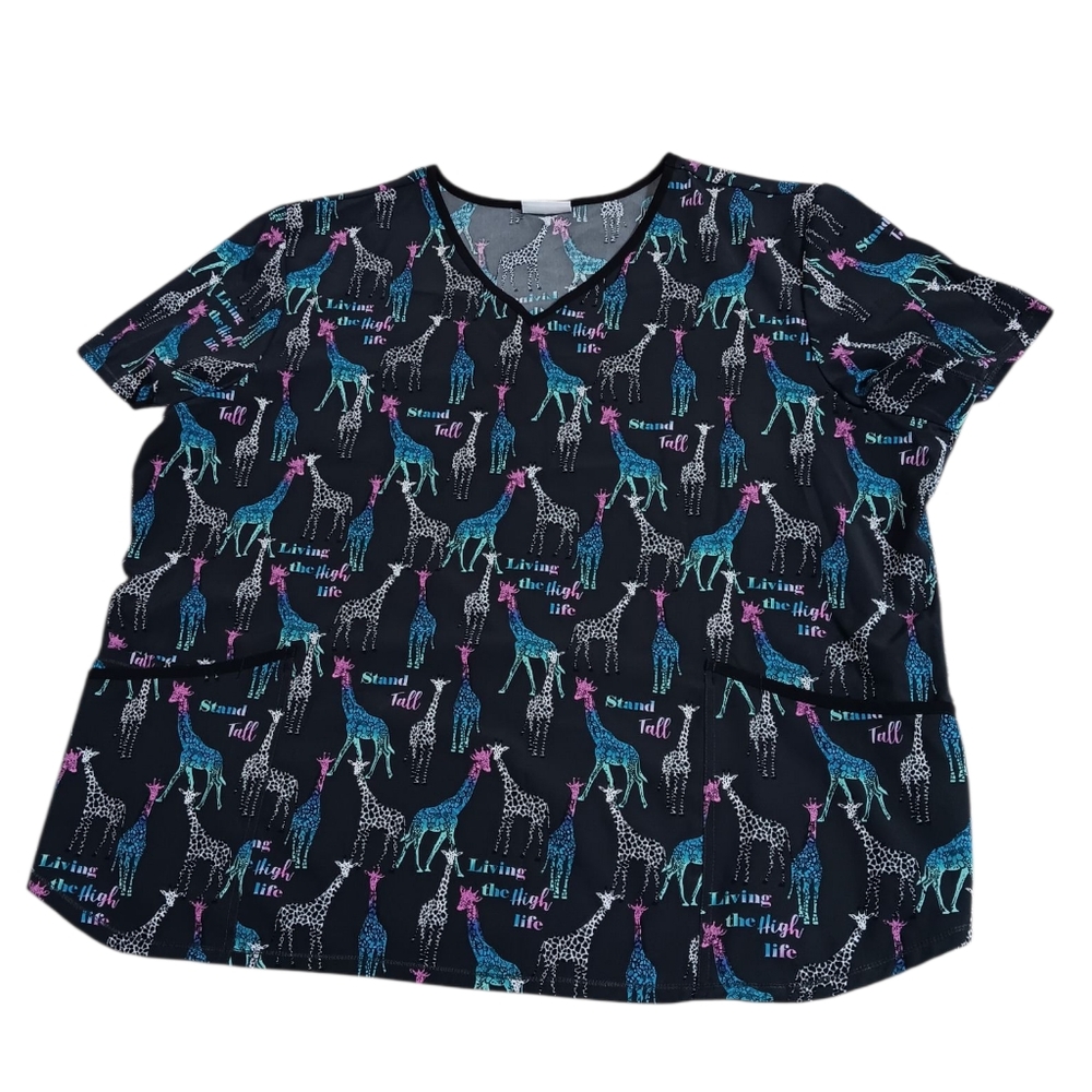 Scrubstar Womens Blue Giraffe Print V-NeScrubck Scrub Uniform Shirt Size 3X